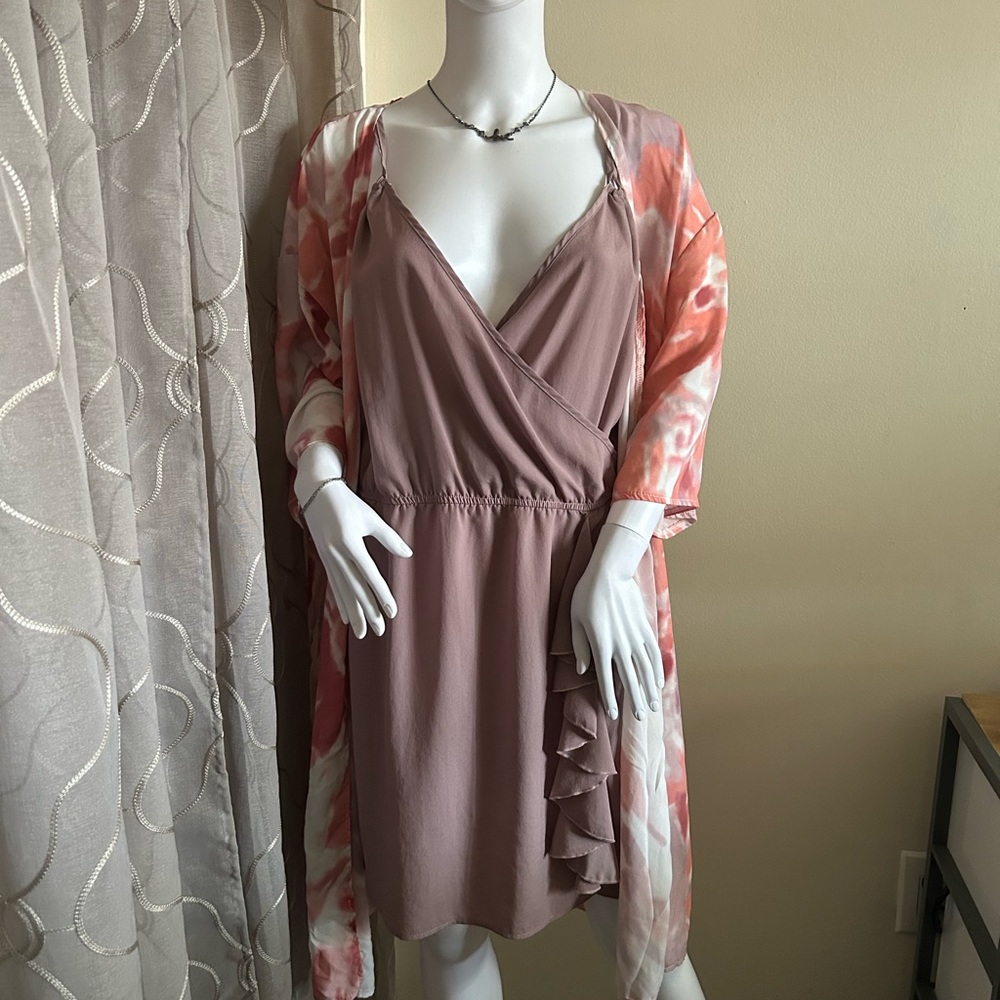 Mauve knee length ruffle dress with wrap